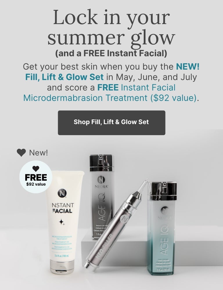 Buy the NEW! Lift, Fill & Glow Set in May, June and July and score a FREE Instant Facial Microdermabrasion Treatment. Featured is the new skincare set.